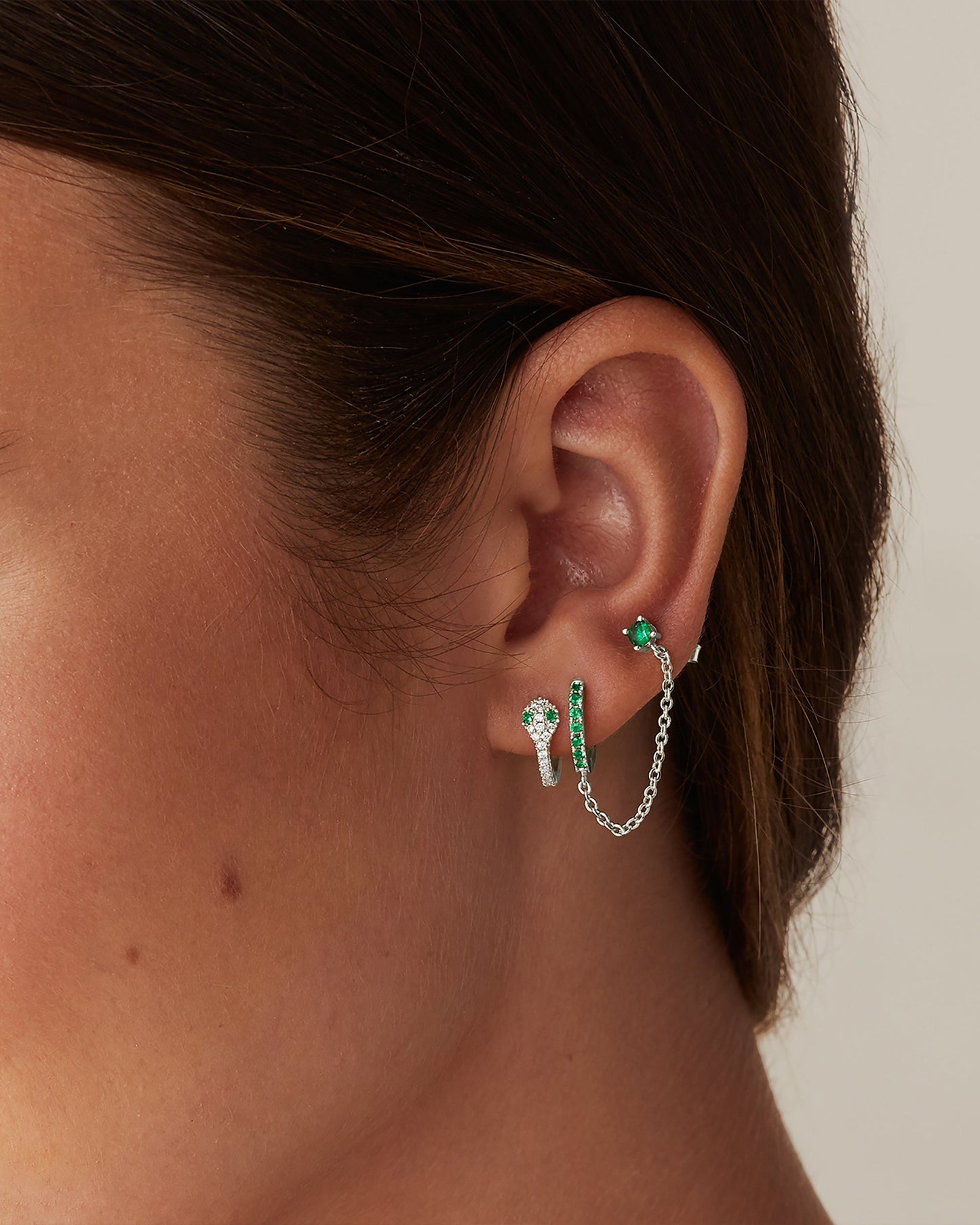 Chained Huggie Hoop with Green CZ Stud