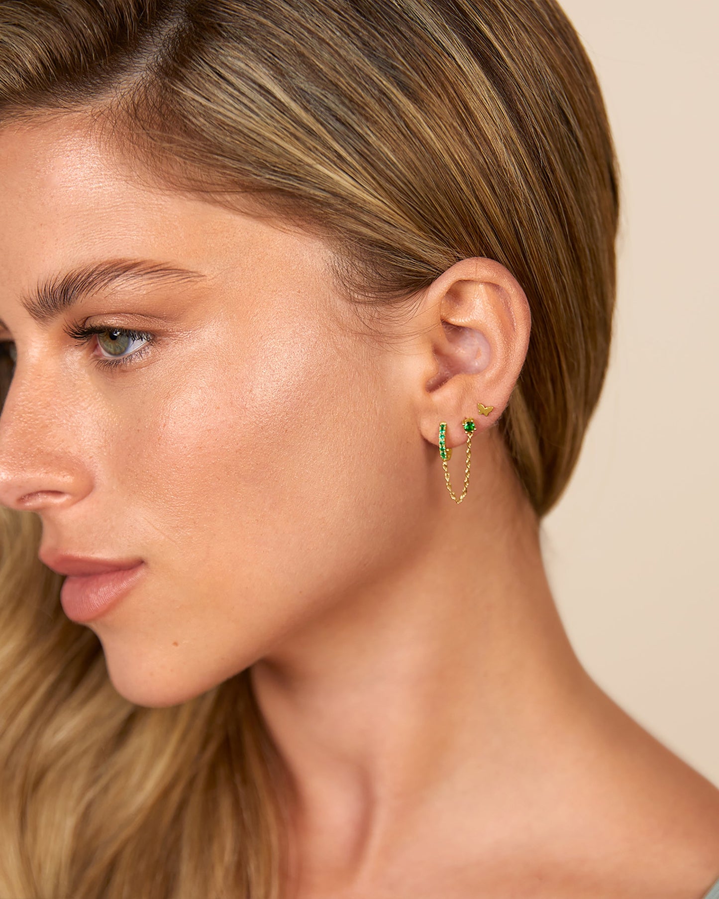 Chained Huggie Hoop with Green CZ Stud