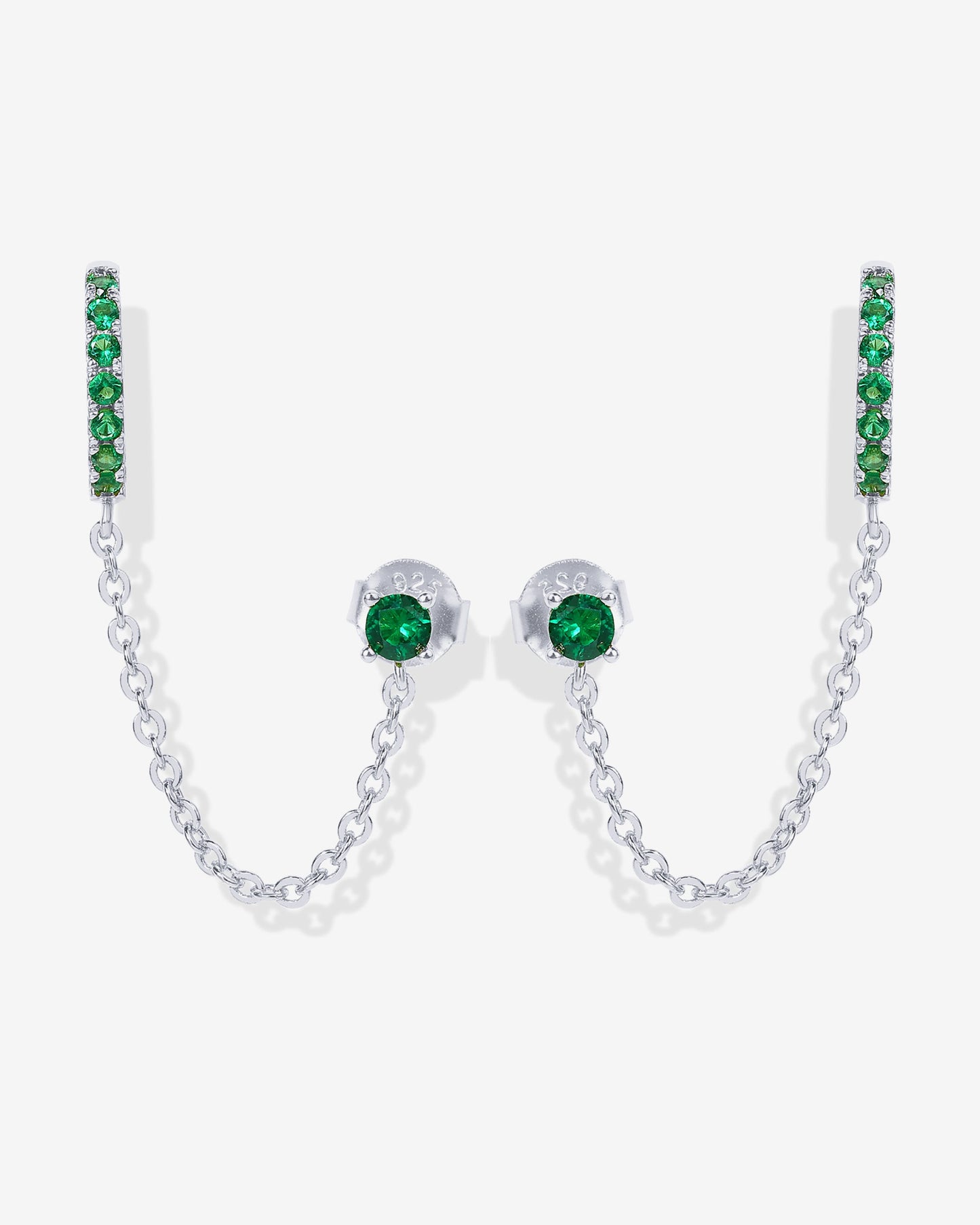 Chained Huggie Hoop with Green CZ Stud