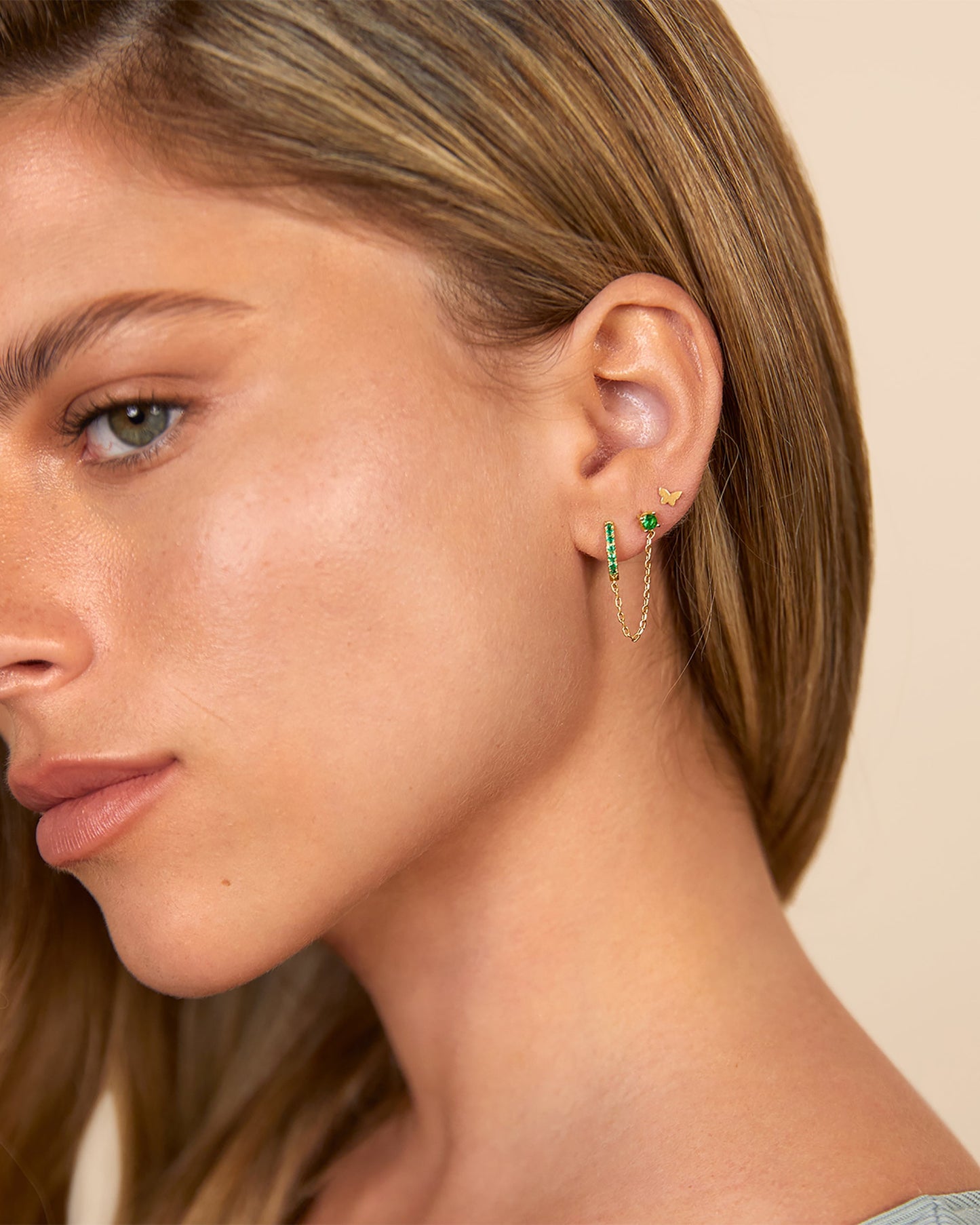 Chained Huggie Hoop with Green CZ Stud